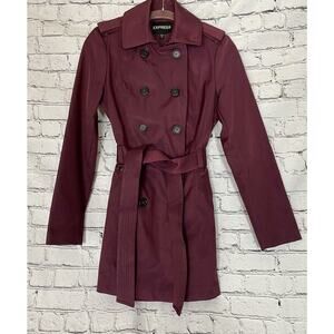 Express NWOT Small Purple Burgundy Plum Belted Long Trench Coat Jacket MSRP $228